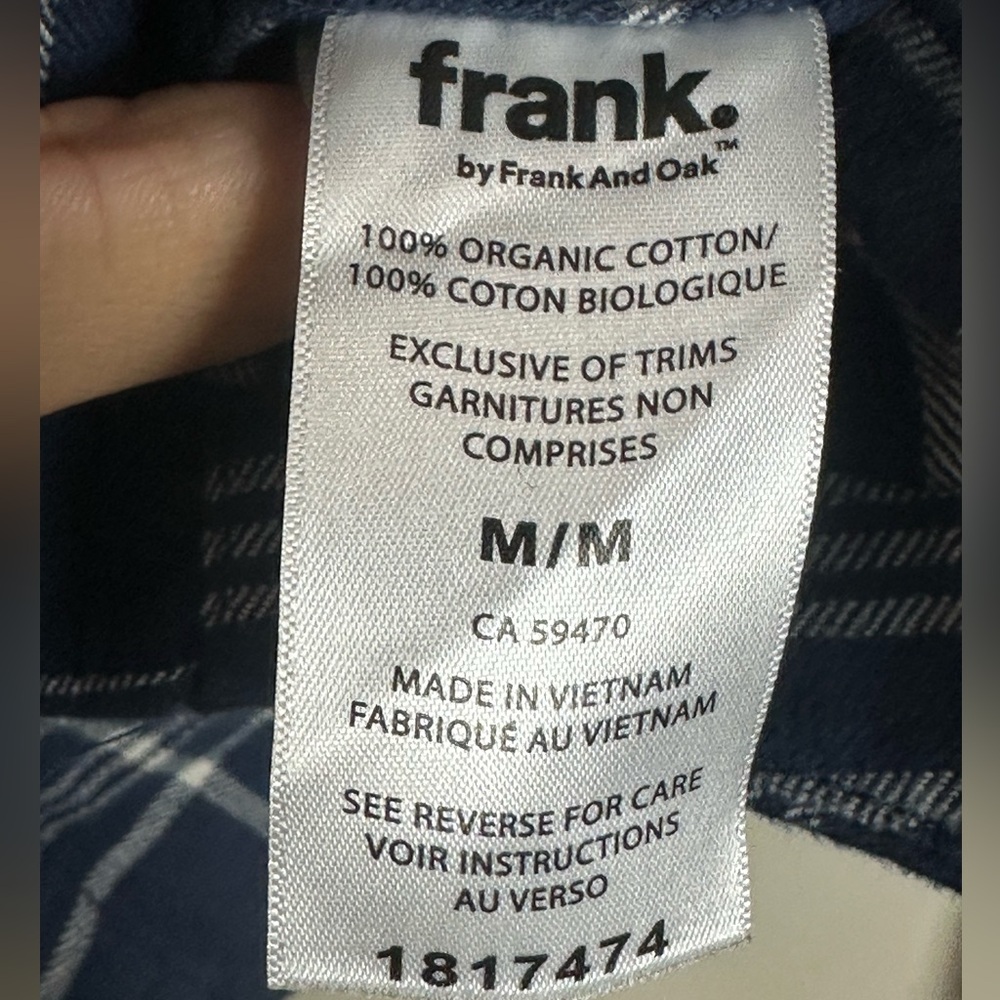 Frank & Oak Blue Plaid Button-Up Shirt Size M Organic Cotton Flannel Style - Picture 6 of 7